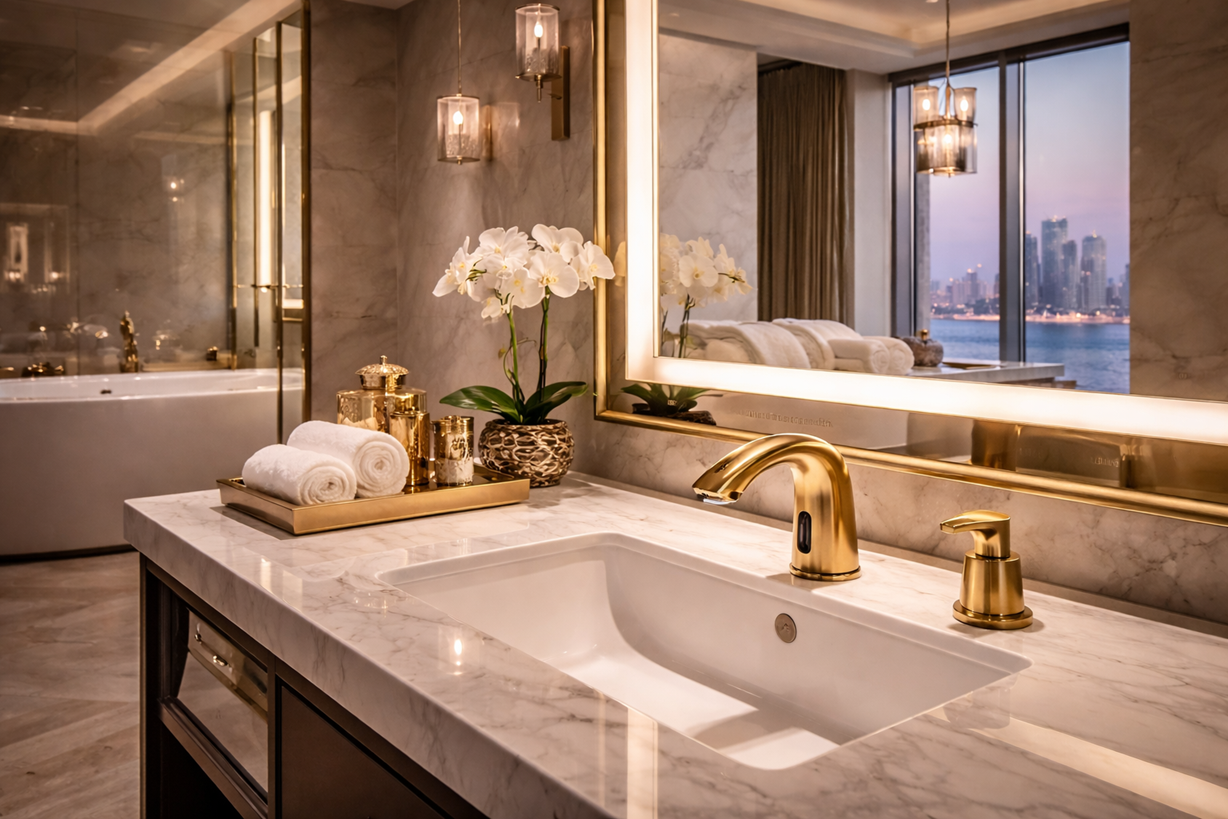 Luxury hotel bathroom in Abu Dhabi featuring Fontana Marsala gold sensor faucet and soap dispenser
